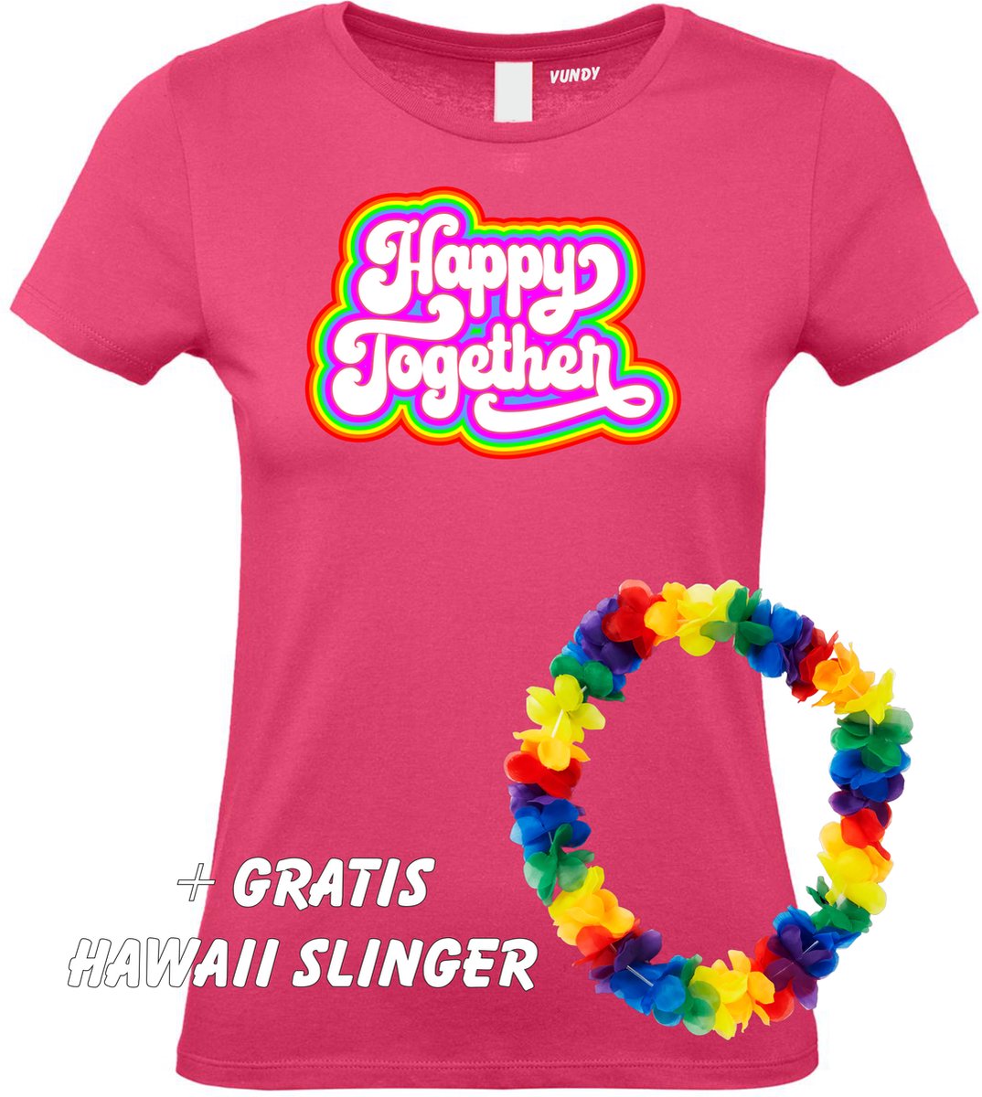 Dames t-shirt Happy Together Regenboog | Toppers in Concert 2022 | Toppers kleding shirt | Flower Power | Hippie Jaren 60 | Fuchsia dames | maat L